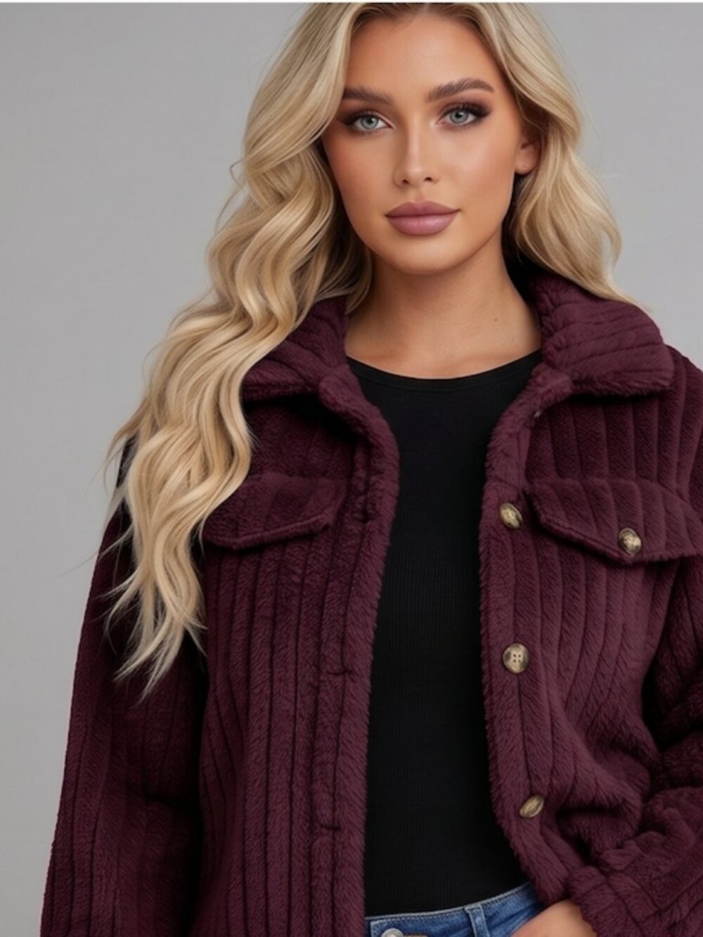 Teddy Front Button Long Sleeve Jacket Red